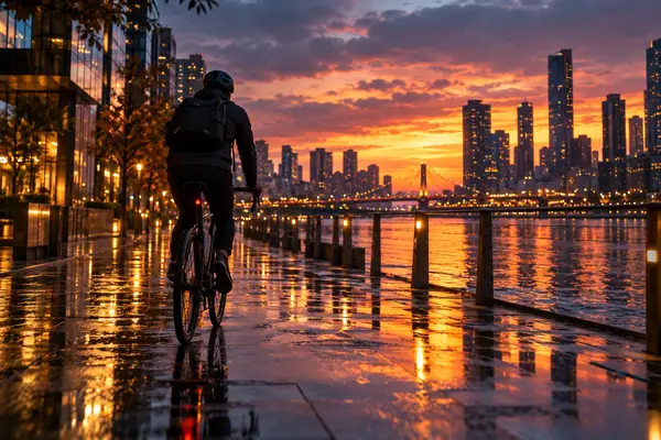 A cyclist moving through a reflective urban landscape at dusk.