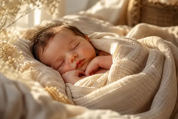 A sleeping baby wrapped in soft neutral fabric in warm natural light.