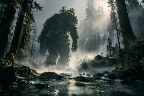 A mysterious large figure walking through a misty forest.