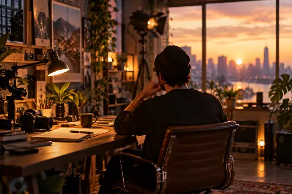 A creative person working at a desk in a warm atmospheric studio.