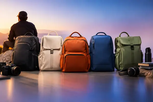 A row of colorful bags arranged as clean e-commerce product photography.