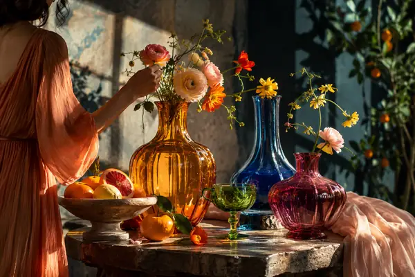A colorful still life of glass vessels and flowers in dramatic studio light.