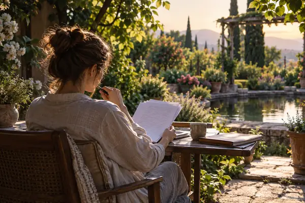 A creator in a leafy garden checking a finished clip before sharing it.