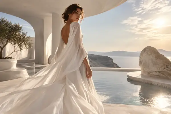 A person in a flowing white outfit staged in a bright editorial environment.