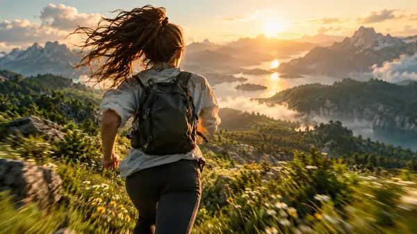 A performer moving through a green outdoor scene with cinematic motion.