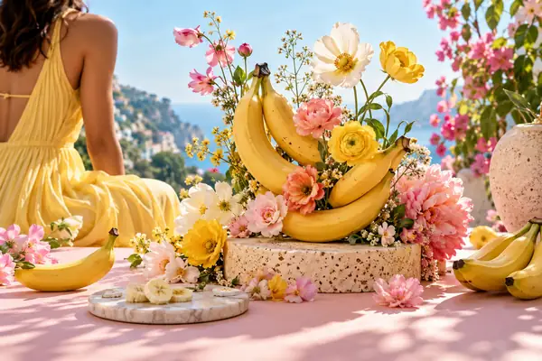 A whimsical banana and flower arrangement on a bright pastel surface.