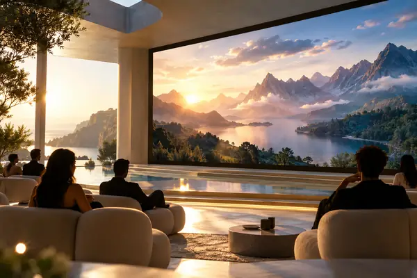 A bright modern presentation space with clean architectural forms.