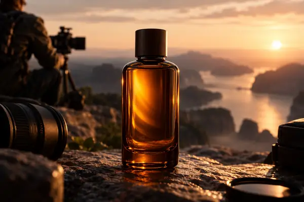 A refined amber bottle photographed as a premium product object.