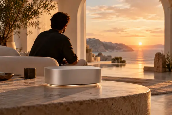 A pale product staged against a soft architectural background with warm light.