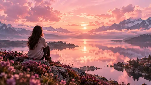 A soft pink landscape with a reflective lake and dreamy clouds.