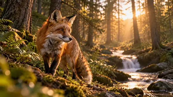 A fox in a forest rendered as an expressive cinematic video frame.