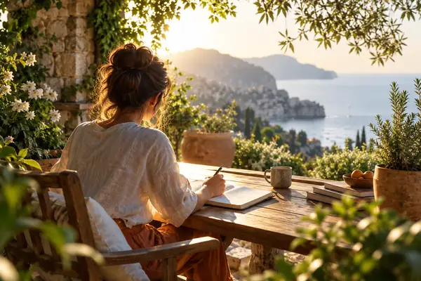 A creator writing in a sunlit outdoor setting surrounded by plants.