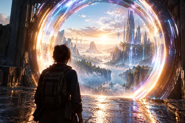 A cinematic character looking through a glowing futuristic portal.