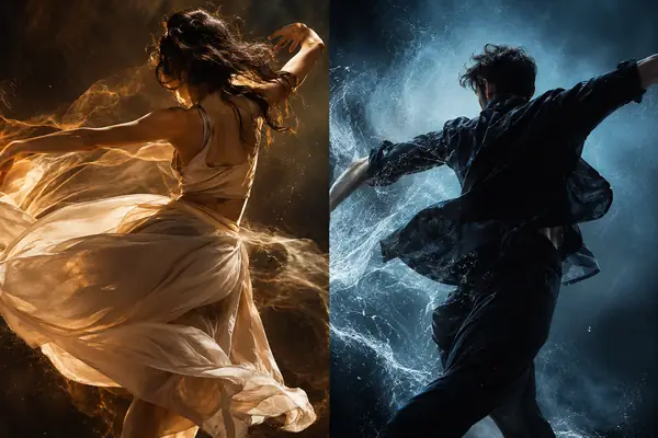 A pair of dancers captured in a stylized split-screen motion study.